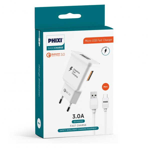 Phixi QCH202M Basic 12V / 3A Qualcomm 3.0 Micro USB Kablolu Hızlı Şarj Cihazı - 2