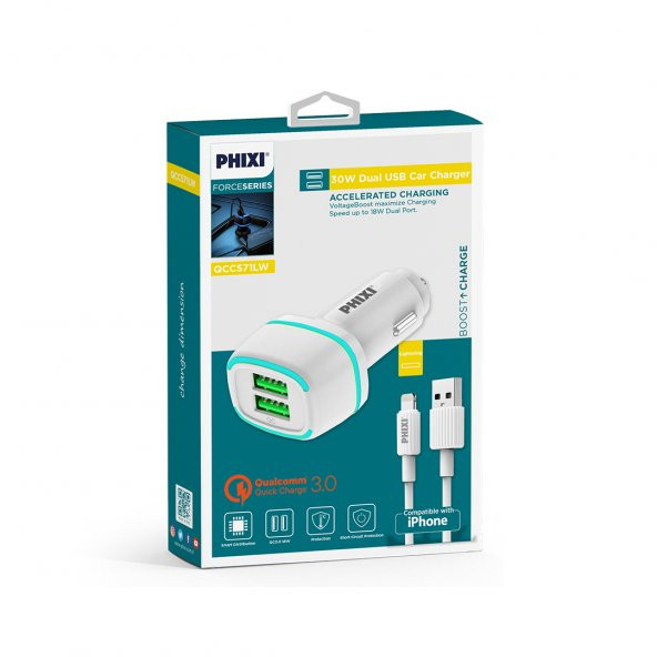 Phixi Force QCC571L Çift Çıkışlı Fast Lightning USB Kablolu Araç Şarj Cihazı - 2