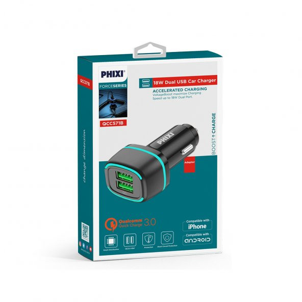 Phixi Force QCC571 Çift Çıkışlı Araç Şarj Adaptörü - 2