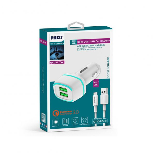 Phixi Force QCC571T Çift Çıkışlı Fast Type-C USB Kablolu Araç Şarj Cihazı - 2