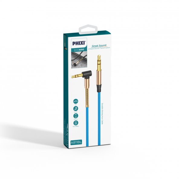 Phixi Basic A811 L Kesim Metal Başlıklı ve Yaylı 3.5mm Aux Kablo - 2