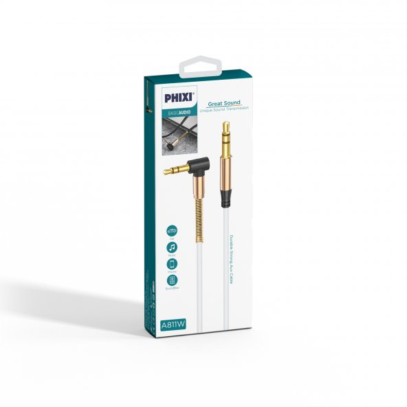 Phixi Basic A811 L Kesim Metal Başlıklı ve Yaylı 3.5mm Aux Kablo - 6
