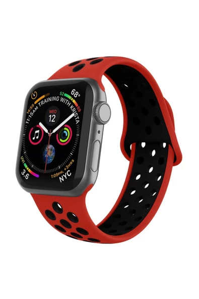 Apple Watch Silikon Delikli Kordon 1-2-3-4-5 Serisi 42 - 44 Mm Uyumlu Siyah Yeşil - 6
