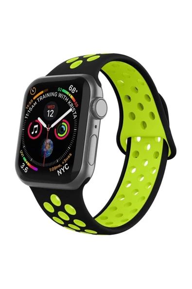 Apple Watch Silikon Delikli Kordon 1-2-3-4-5 Serisi 42 - 44 Mm Uyumlu Siyah Yeşil