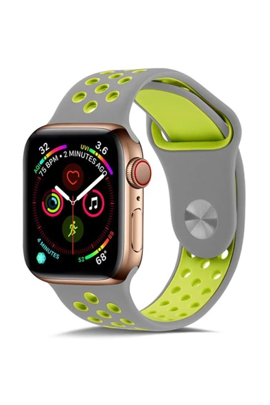 Apple Watch Silikon Delikli Kordon 1-2-3-4-5 Serisi 42 - 44 Mm Uyumlu Siyah Yeşil - 5