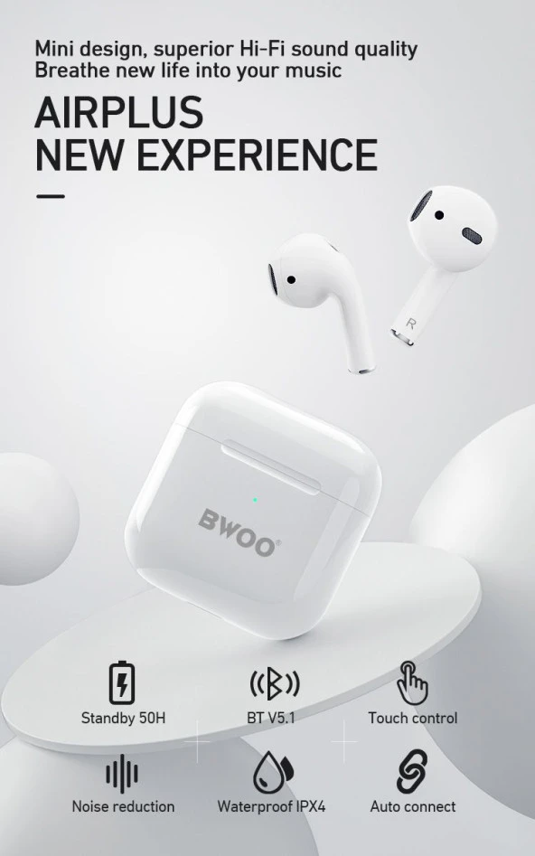 BWOO Bluetooth Kulaklık Kulakiçi Dokunmatik Kablosuz True Wireless Stereo Ios Android Uyumlu - 3