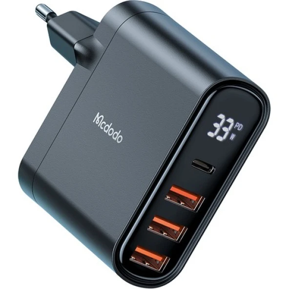 Mcdodo CH-2251 33W 1xtype-C 3xusb Girişli Dijital Göstergeli Şarj Adaptörü+Type-C To Iphone Kablo 1.2m -Siyah - 2