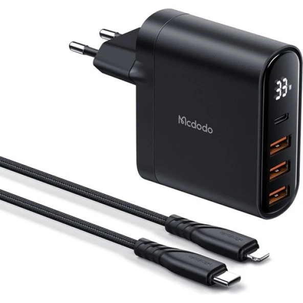 Mcdodo CH-2251 33W 1xtype-C 3xusb Girişli Dijital Göstergeli Şarj Adaptörü+Type-C To Iphone Kablo 1.2m -Siyah - 3