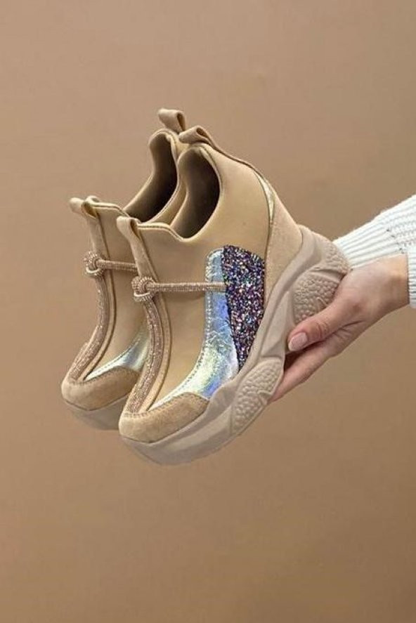 Erkan Saçmacı Casandraa Altın Taşlı Gizli Dolgu Kadın Spor Ayakkabı Soft Sole 7 Cm