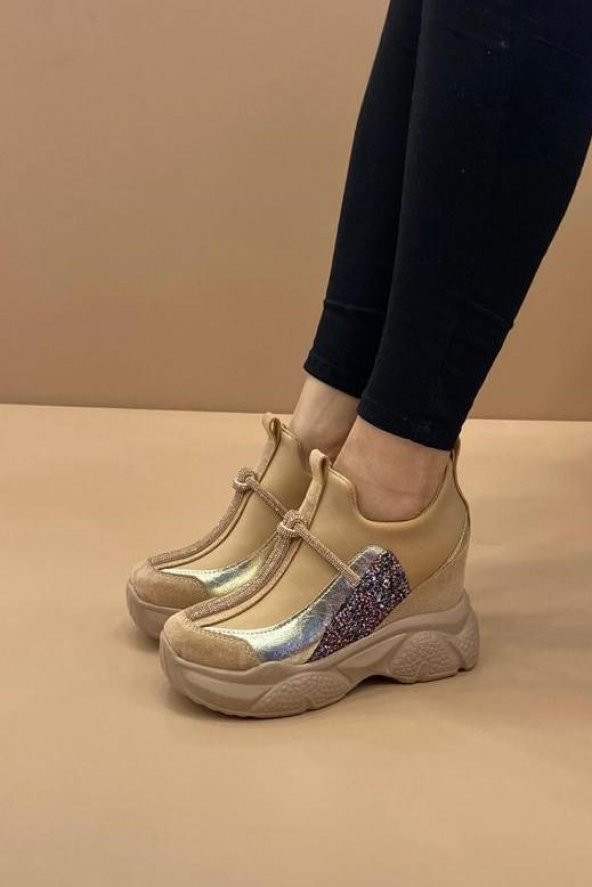 Erkan Saçmacı Casandraa Altın Taşlı Gizli Dolgu Kadın Spor Ayakkabı Soft Sole 7 Cm - 3