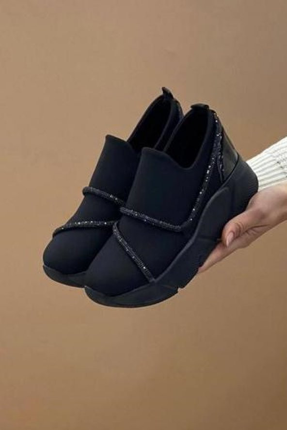 Erkan Saçmacı Barbara Siyah Taşlı Streç Kadın Spor Ayakkabı Soft Sole - 1