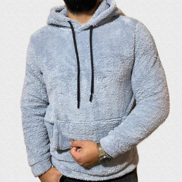 Erkek Gri Peluş Sweatshirt - 3