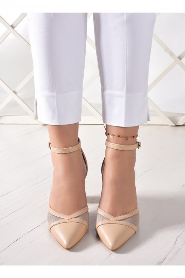Erkan Saçmacı Ten Parçalı Fileli Kalın Topuklu Kadın Ayakkabısı 7 Cm - 2