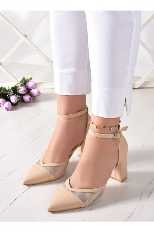 Erkan Saçmacı Ten Parçalı Fileli Kalın Topuklu Kadın Ayakkabısı 7 Cm - 3