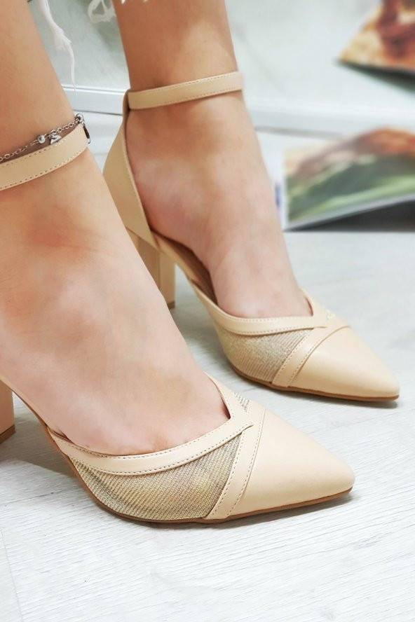 Erkan Saçmacı Ten Parçalı Fileli Kalın Topuklu Kadın Ayakkabısı 7 Cm - 6