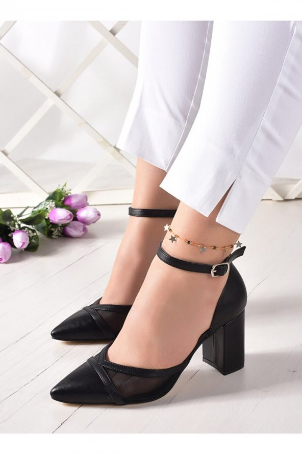 Erkan Saçmacı Siyah Parçalı Fileli Kalın Topuklu Kadın Ayakkabısı 7 Cm - 2