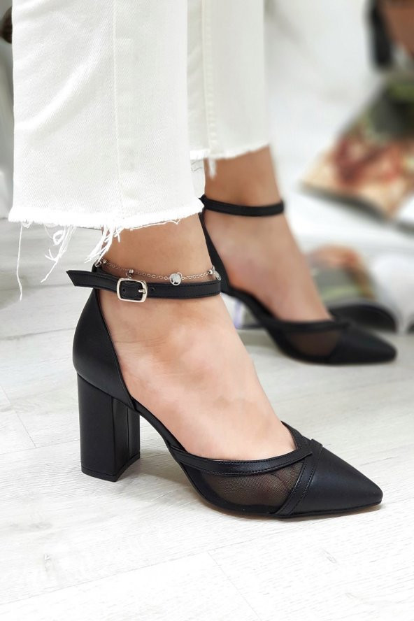 Erkan Saçmacı Siyah Parçalı Fileli Kalın Topuklu Kadın Ayakkabısı 7 Cm - 4