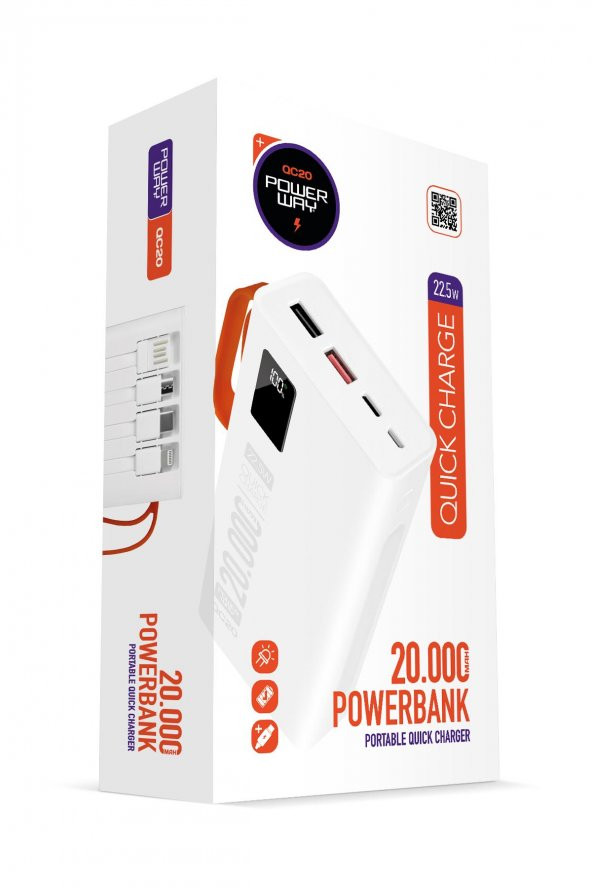 Powerway PD 22.5W 20.000 MAH 3.0 HIZLI ŞARJ (GERÇEK 20.000 MAH GARANTİLİ) QC20 BEYAZ POWERBANK