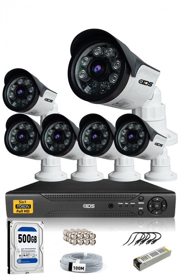 IDS - 6 Kameralı 5MP SONY Lensli 1080P FullHD Güvenlik Kamerası Sistemi - Cepten İzle - 500Dış