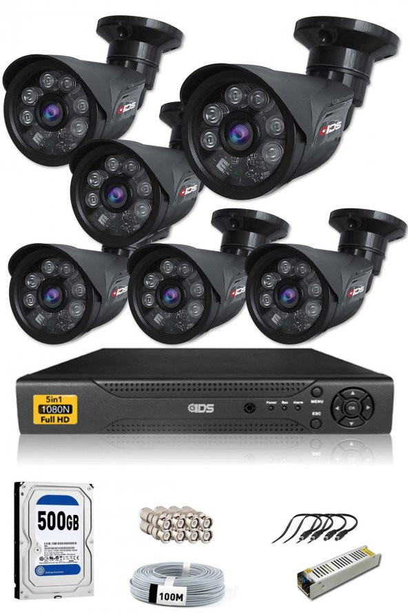 IDS - 6 Kameralı 5MP SONY Lensli 1080P FullHD Güvenlik Kamerası Sistemi - Cepten İzle - 500Dış