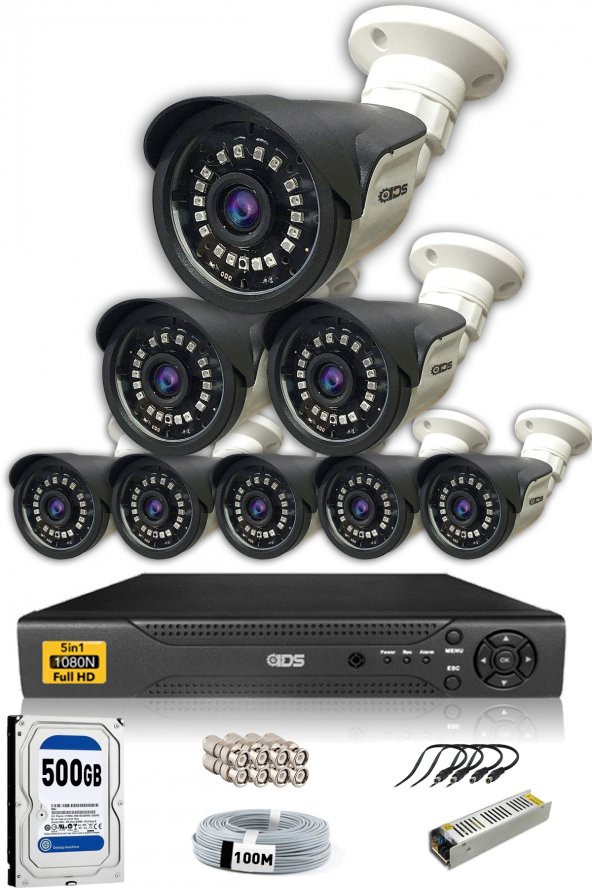 IDS - 8 Kameralı 5MP SONY Lensli 1080P FullHD Güvenlik Kamerası Sistemi - Cepten İzle - 500Dış