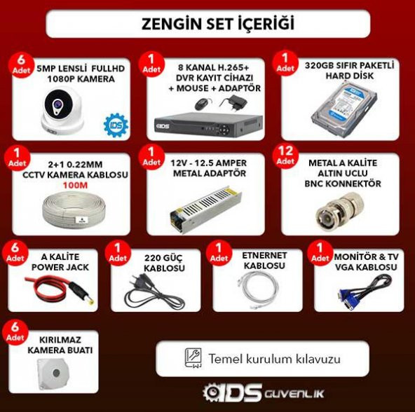 6 KAMERALI 5MP LENSLİ 1080P FULL SET GÜVENLİK KAMERASI SETİ KOLAY CEPTEN İZLE SABİT İP İSTEMEZ - 3