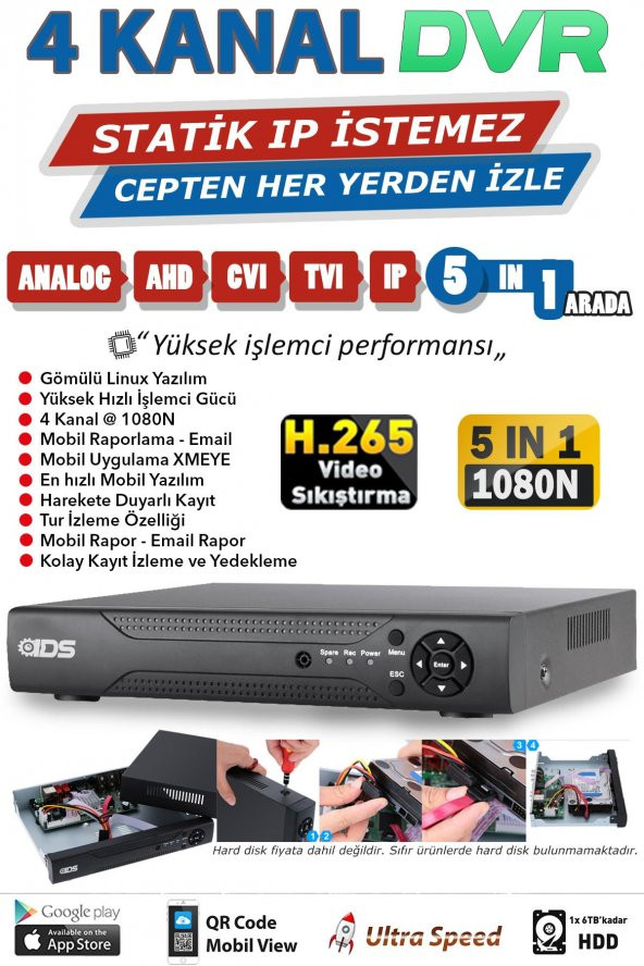 4 KANAL 1080N FULLHD H265 DVR KAYIT CİHAZI KOLAY CEPTEN İZLE SABİT İP İSTEMEZ XMEYE MOBİL - 2