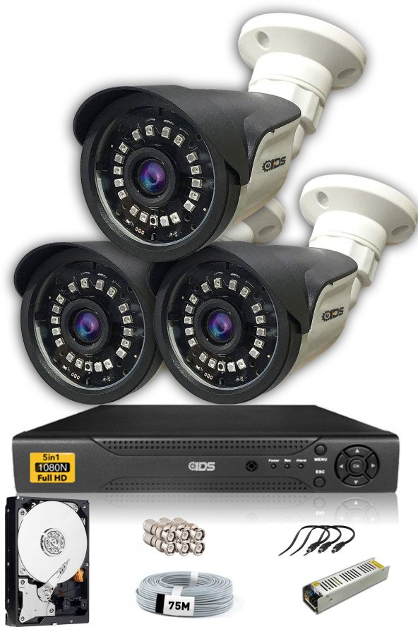 IDS - 3 Kameralı 5MP SONY Lensli 1080P FullHD Güvenlik Kamerası Sistemi - Cepten İzle - 250Dış
