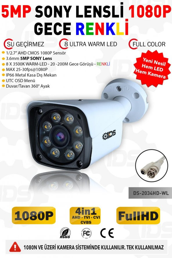 IDS - GECE RENKLİ - 5MP LENS 1080P FULLHD AHD GÜVENLİK KAMERASI - 8XULTRA LED - METAL KASA - 2