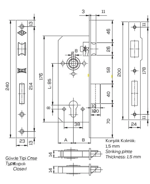 Kale 152R Silindirli Gömme Kilit  40mm - Resim 2