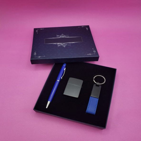 Mavi Kalem Anahtarlık Ve çakmak Set