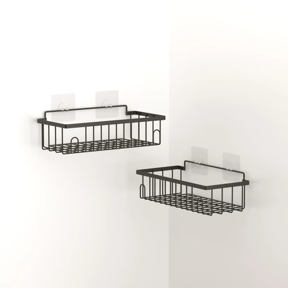 TEKNOTEL YAPIŞKANLI KANCALI 2 ADET BANYO RAFI MAT SİYAH ST241 - 2