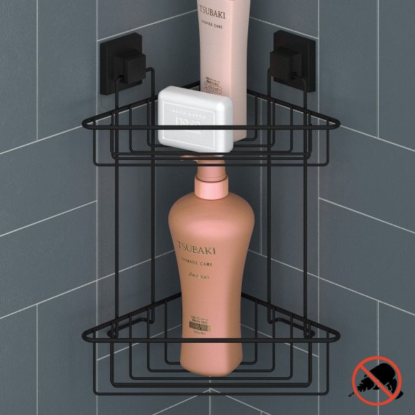 TEKNOTEL DELME VİDA MATKAP YOK! easyFIX YAPIŞKANLI İKİ KATLI BANYO KÖŞE RAFI MAT SİYAH EF257