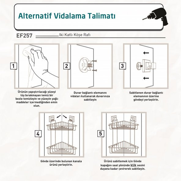 TEKNOTEL DELME VİDA MATKAP YOK! easyFIX YAPIŞKANLI İKİ KATLI BANYO KÖŞE RAFI MAT SİYAH EF257 - 6