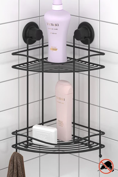 TEKNOTEL DELME VİDA MATKAP YOK! VAKUMLU İKİ KATLI BANYO KÖŞE RAFI MAT SİYAH DM253 - 6