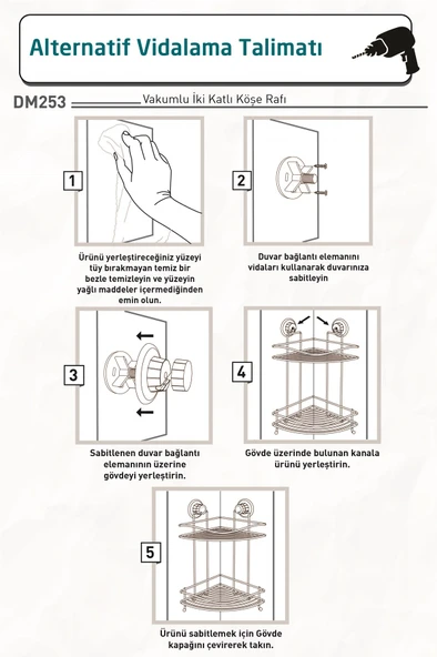 TEKNOTEL DELME VİDA MATKAP YOK! VAKUMLU İKİ KATLI BANYO KÖŞE RAFI MAT SİYAH DM253 - 10