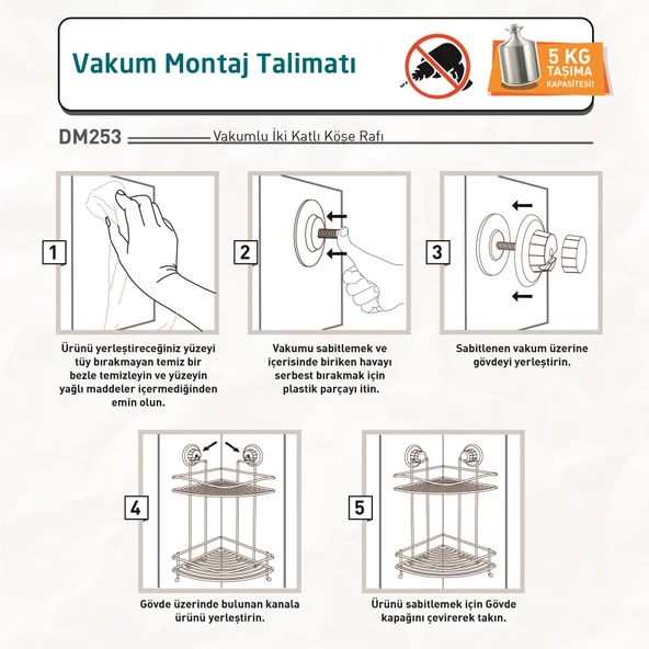 TEKNOTEL DELME VİDA MATKAP YOK! VAKUMLU İKİ KATLI BANYO KÖŞE RAFI MAT SİYAH DM253 - 4