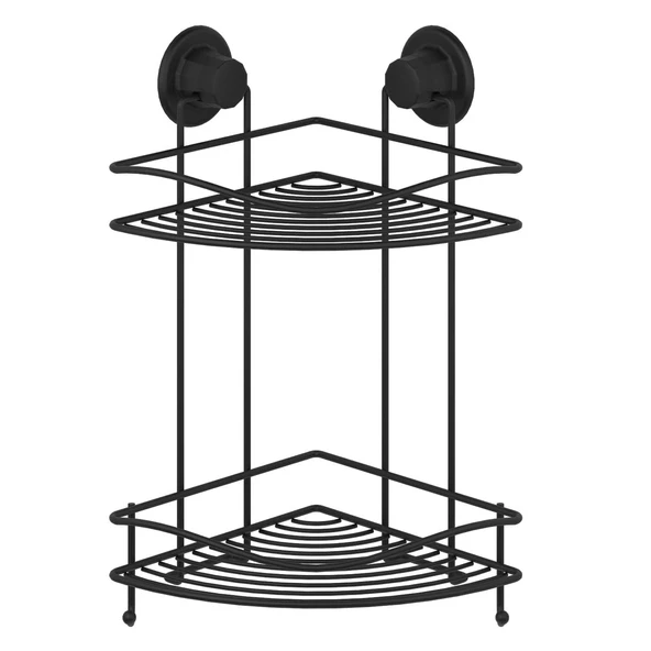 TEKNOTEL DELME VİDA MATKAP YOK! VAKUMLU İKİ KATLI BANYO KÖŞE RAFI MAT SİYAH DM253 - 2