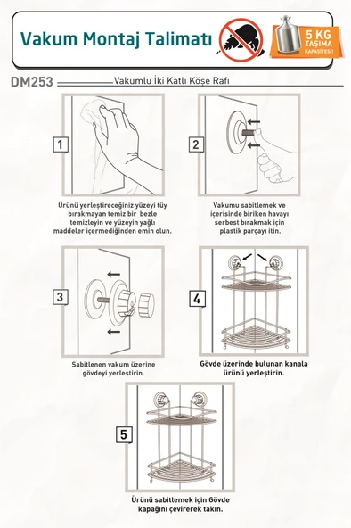 TEKNOTEL DELME VİDA MATKAP YOK! VAKUMLU İKİ KATLI BANYO KÖŞE RAFI MAT SİYAH DM253 - 9