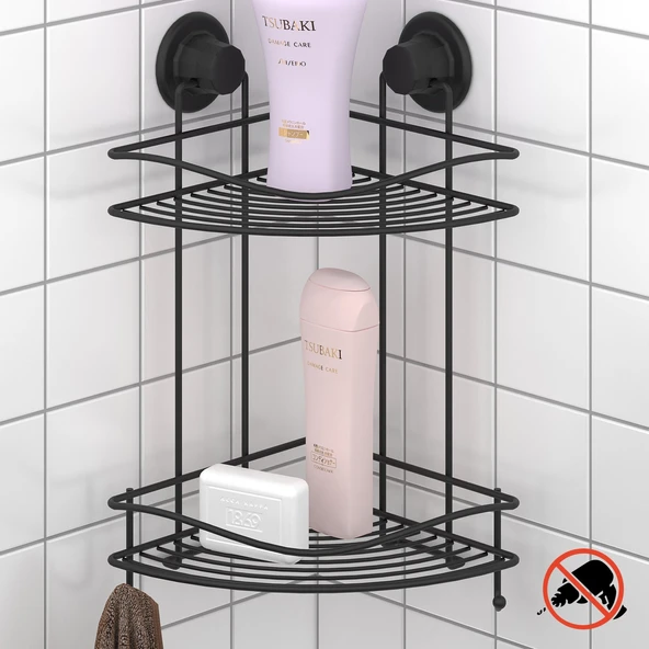 TEKNOTEL DELME VİDA MATKAP YOK! VAKUMLU İKİ KATLI BANYO KÖŞE RAFI MAT SİYAH DM253