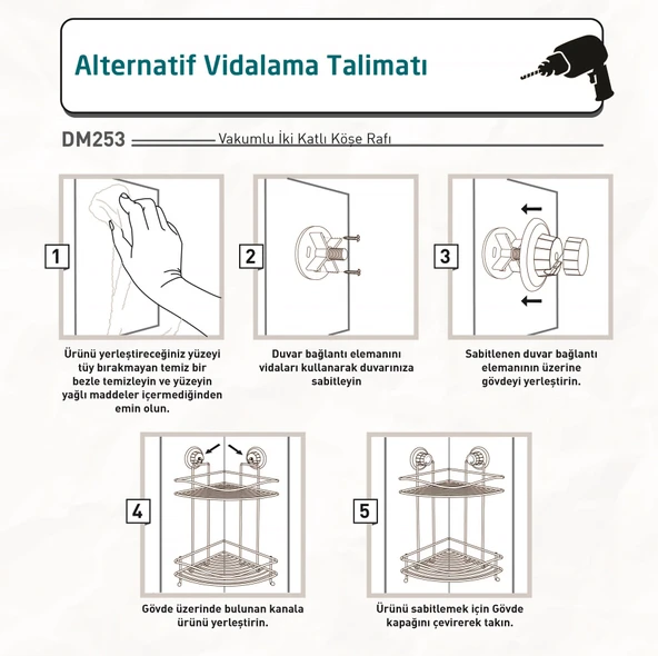 TEKNOTEL DELME VİDA MATKAP YOK! VAKUMLU İKİ KATLI BANYO KÖŞE RAFI MAT SİYAH DM253 - 5