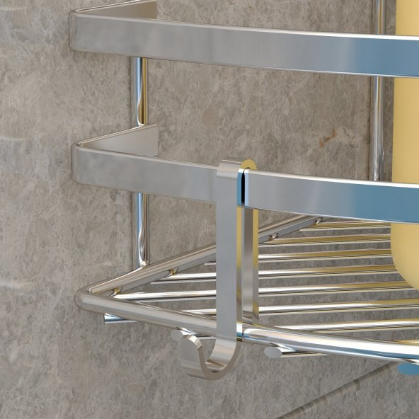 TEKNOTEL İKİ KATLI BANYO KÖŞE RAFI KANCALI KROM LM008H - 2