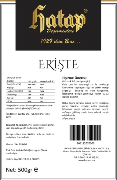 Hatap Katkısız Elde Kesim Erişte 500 GR - 2