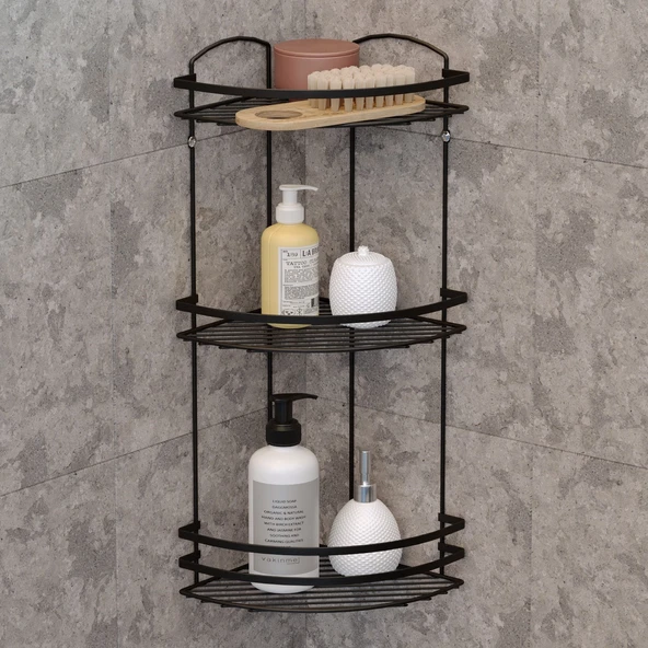 TEKNOTEL ÜÇ KATLI BANYO DUŞ KÖŞE RAFI MAT SİYAH LM009