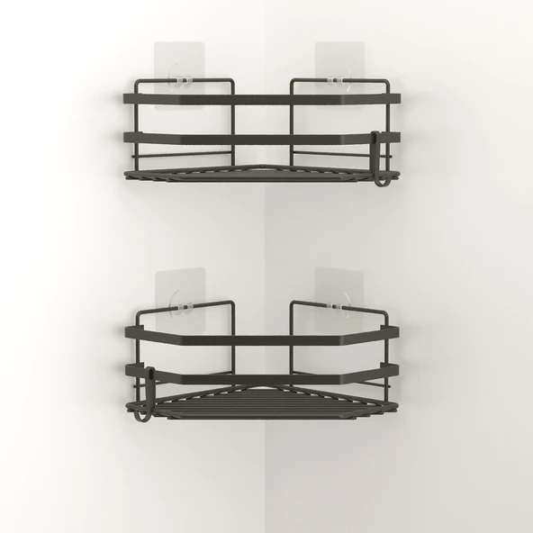 TEKNOTEL YAPIŞKANLI KANCALI 2 ADET BANYO KÖŞE RAFI MAT SİYAH ST277H - 2