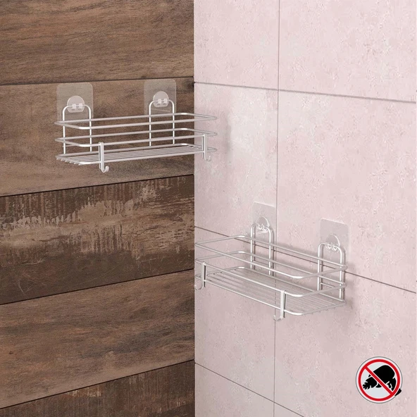 TEKNOTEL YAPIŞKANLI KANCALI 2 ADET BANYO RAFI SİLVER ST217H - 3