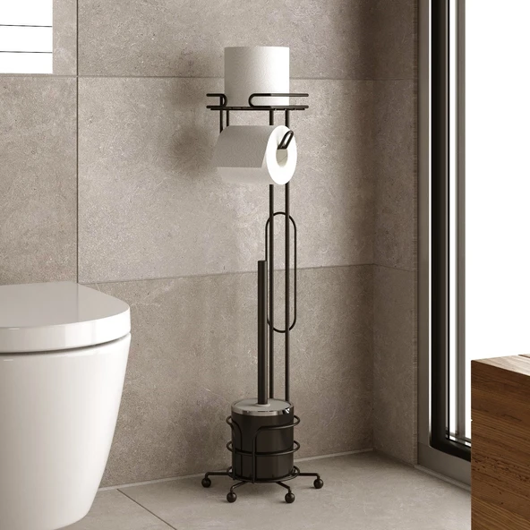 TEKNOTEL AYAKLI TUVALET FIRÇASI VE YEDEKLİ TUVALET KAĞITLIK MAT SİYAH MG096