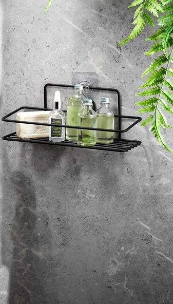 SAS Yapışkanlı Banyo Düzenleyici Şampuanlık Duş Rafı Siyah TŞ-01