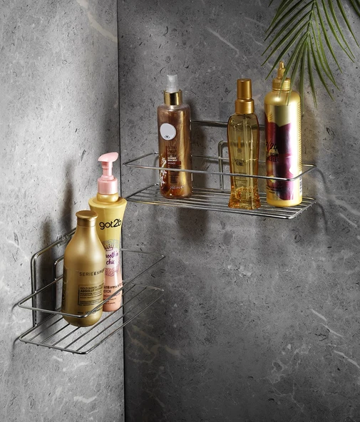 SAS Yapışkanlı Banyo Düzenleyici Şampuanlık Duş Rafı Krom 2 Adet 2 Telli  TŞ-01 ürün görseli