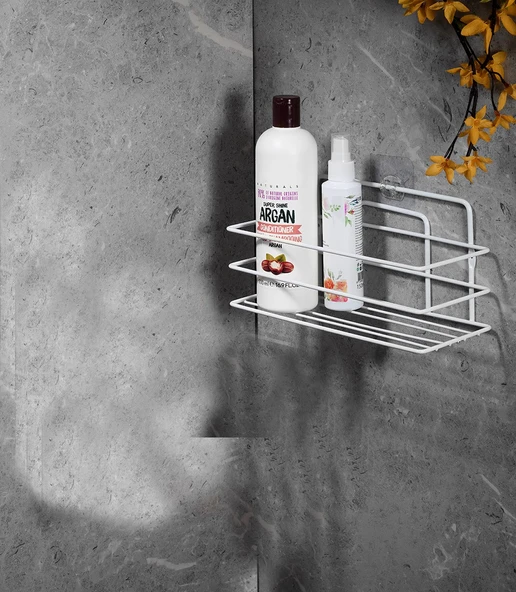 SAS Ömür Boyu Paslanmaz Yapışkanlı Banyo Düzenleyici Şampuanlık Duş Rafı Beyaz TŞ-01 ürün görseli